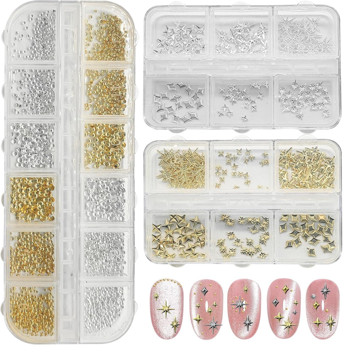 3400 Stück Goldene Und Silberne Sternperlen, Goldene Nagelanhänger, Zubehör Für Nagelschmuck, Schöne Sternnagelanhänger Für Nägel,Nail Art Rhinestones
