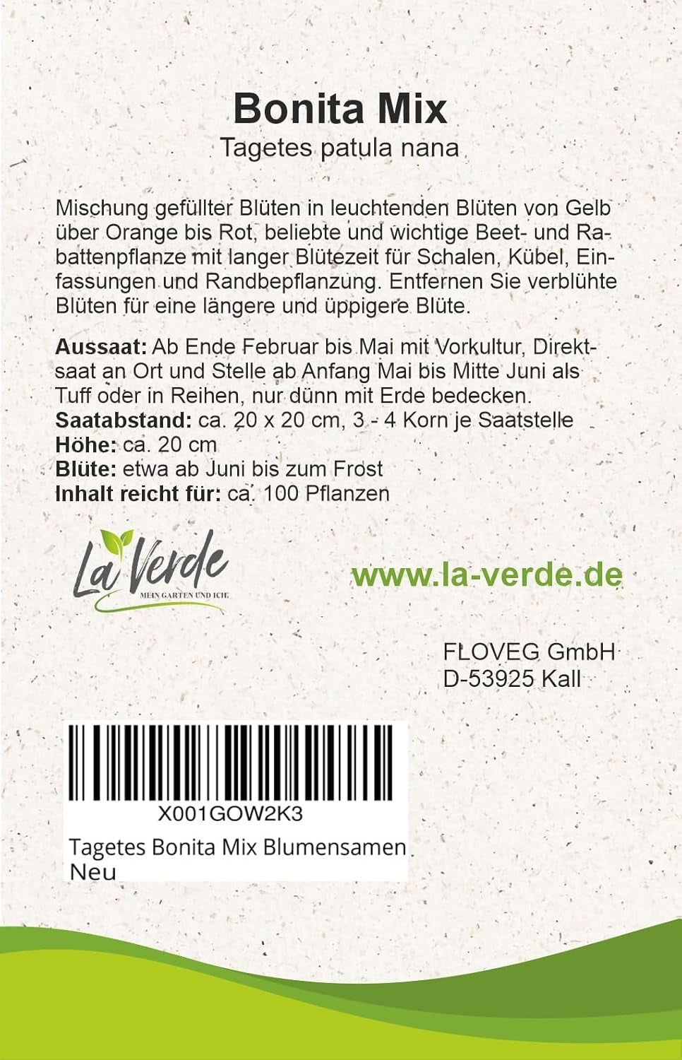 La Verde MIN HAVE OG MIG. Tagetes Bonita Bland blomsterfrø i ca. 100 planter, langblomstrende morgenfruer, dobbelte blomster, ikke-GMO frø