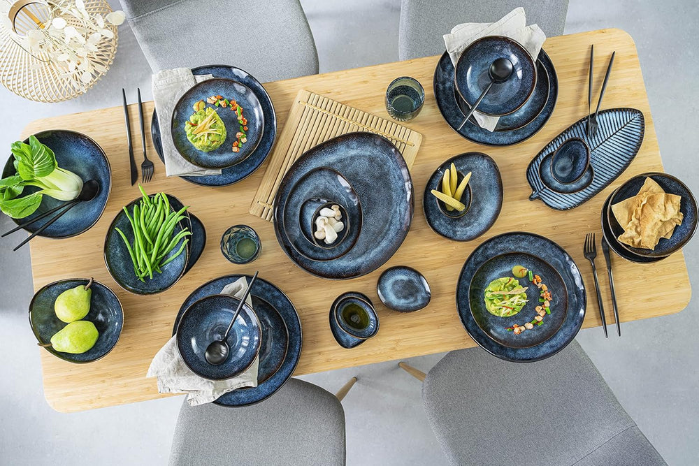 SÄNGER | Set de veselă Tokyo cu 12 piese, set de veselă din gresie pentru 4 persoane, inclusiv farfurii de cină, farfurii de desert și boluri, albastru închis cu accente negre | COLECȚIA PREMIUM
