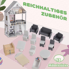 AIYAPLAY Casă de păpuși din lemn, casă de joacă cu 3 etaje cu 13 piese de mobilier, accesorii, 85,3 cm înălțime Casă de păpuși pentru copii de 3-6 ani, gri Casute de papusi Naty Shop