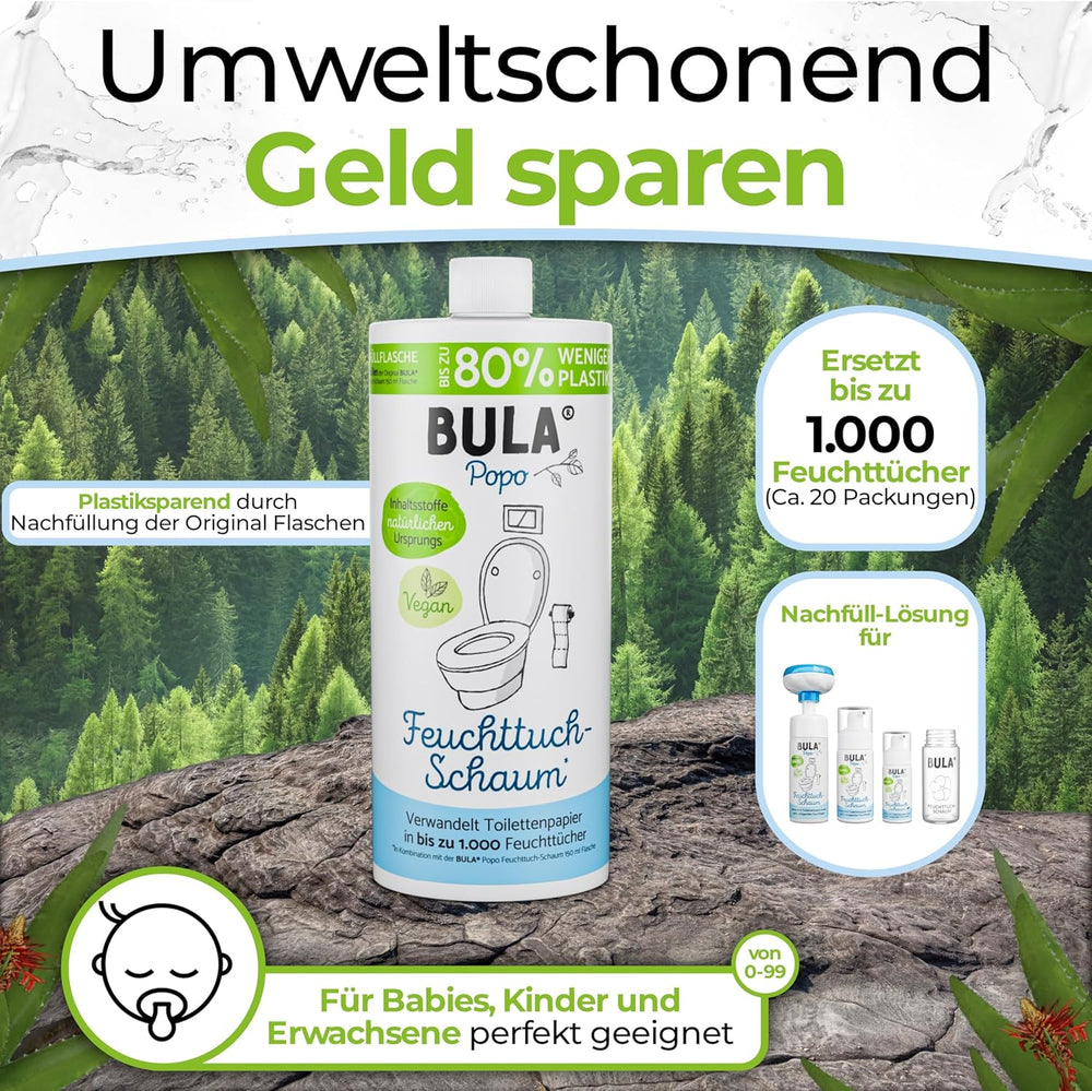 BULA® Popo genopfyldningsflaske (750 ml) BARE FOR AT FYLDE vores 150 ml og 50 ml flasker! | Erstatter op til 1.000 servietter! | Med ingredienser af naturlig oprindelse
