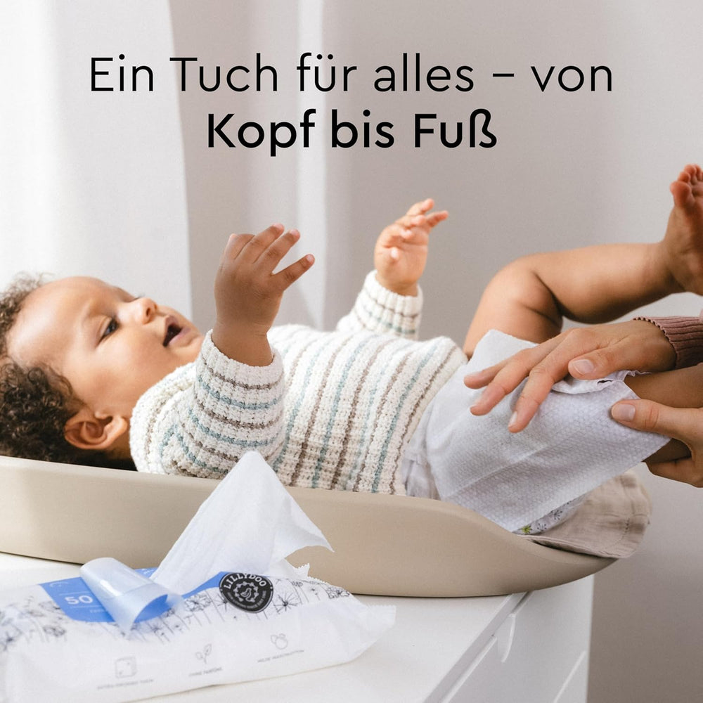 LILLYDOO vådservietter 50 count 100 % plastikfri ekstra stor klud uparfumeret