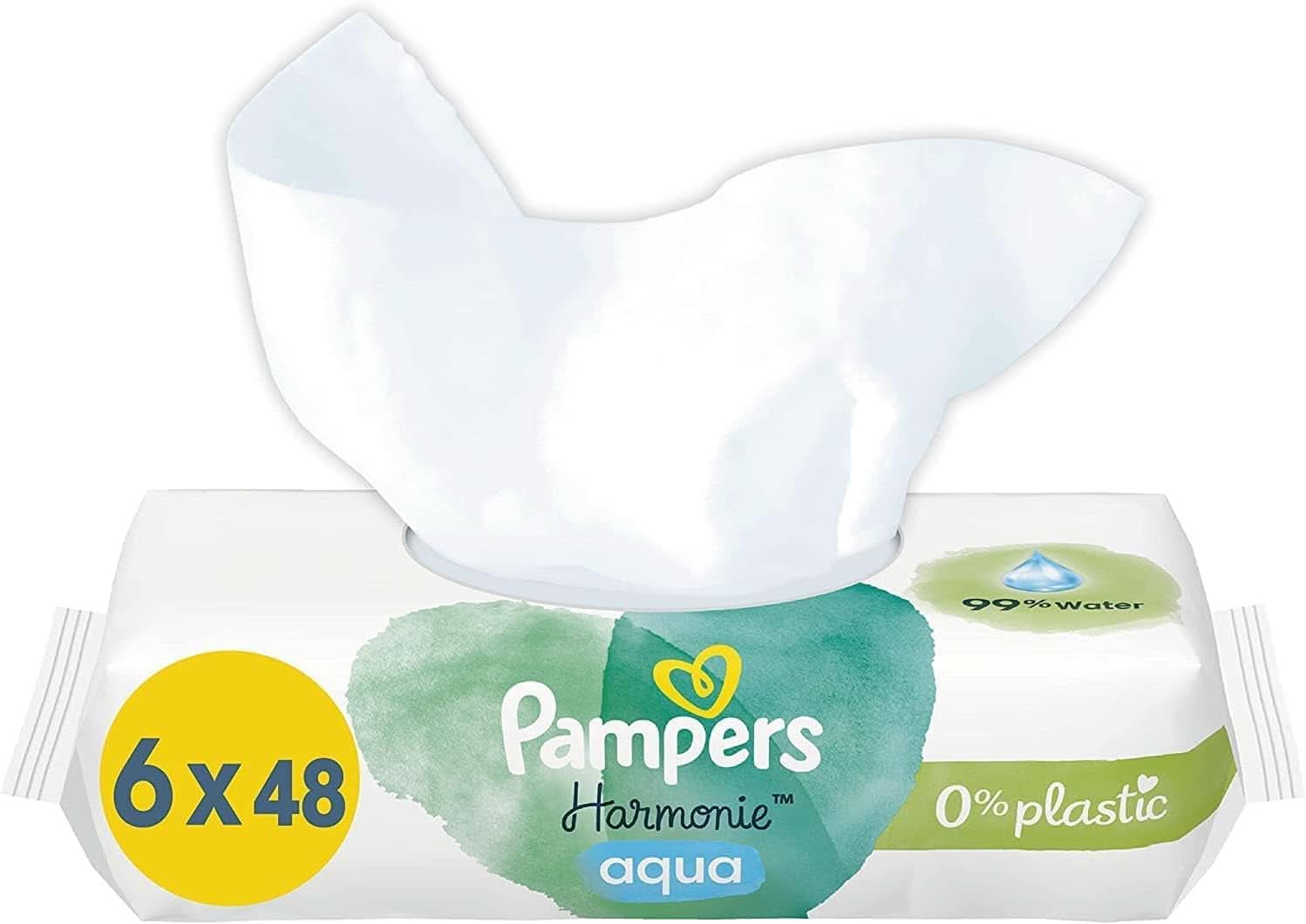 Pampers Harmonie Aqua vådservietter, vådservietter, der hjælper med at genoprette hudens naturlige pH-værdi, let lotion med 99% vand Baby Wet Wipes Naty Shop 288 servietter