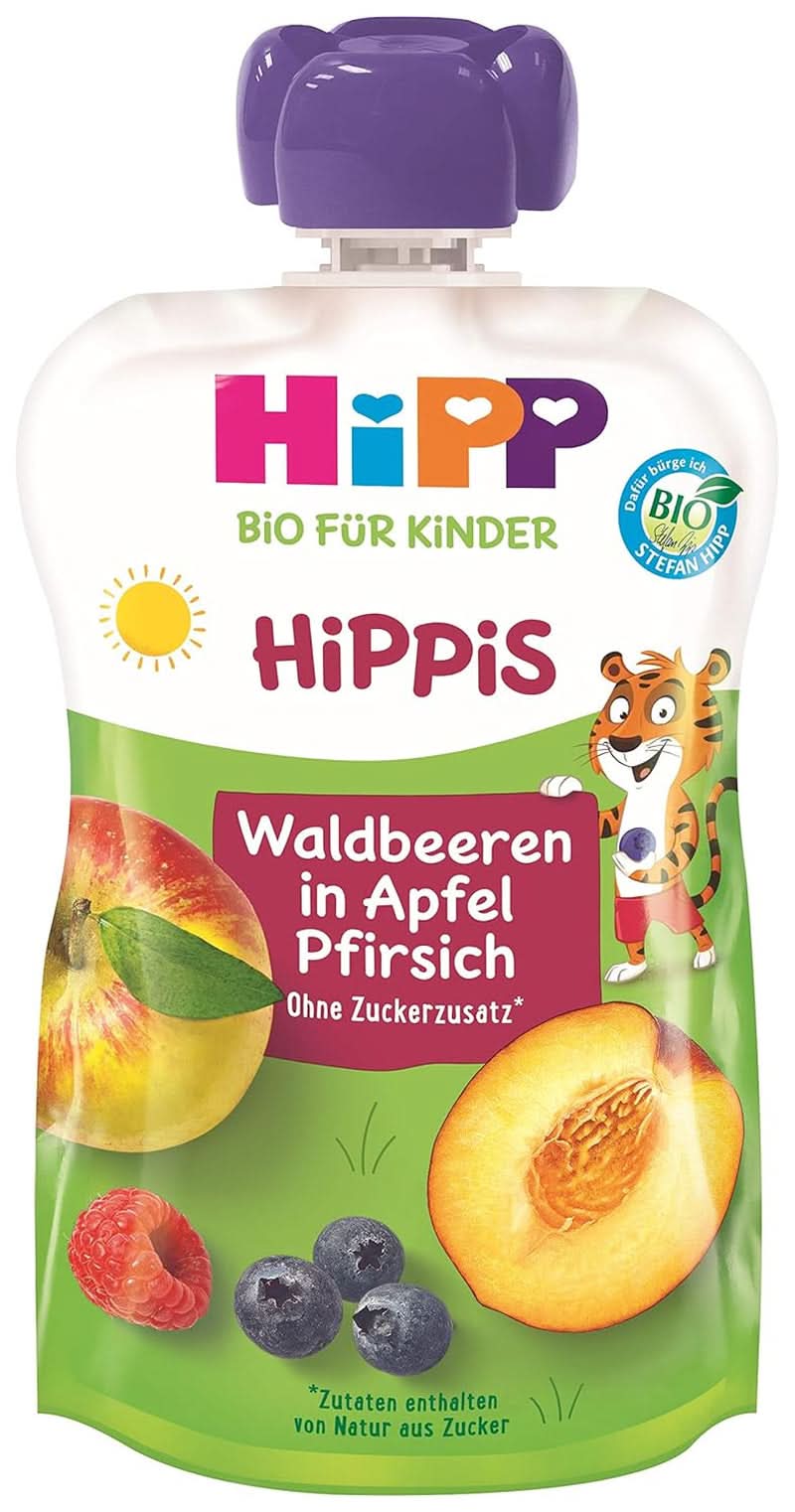 Hipp Super-Hippis-presseposer, granatæble-acerola i æble-hindbær, 100% økologisk frugt uden tilsat sukker, 6 poser á 100 g Mother and Child Naty Shop 6 x 100 gram Vild frugt, æble-fersken
