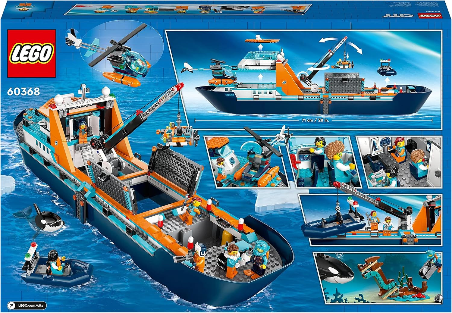 LEGO City Arctic Research Ship, stor flydende legetøjsbåd med helikopter, gummibåd, Rov-ubåd, vikingevrag, 7 minifigurer og spækhuggerfigur, gave til børn i alderen 7+ 60368 byggesæt Besuche den LEGO-Store