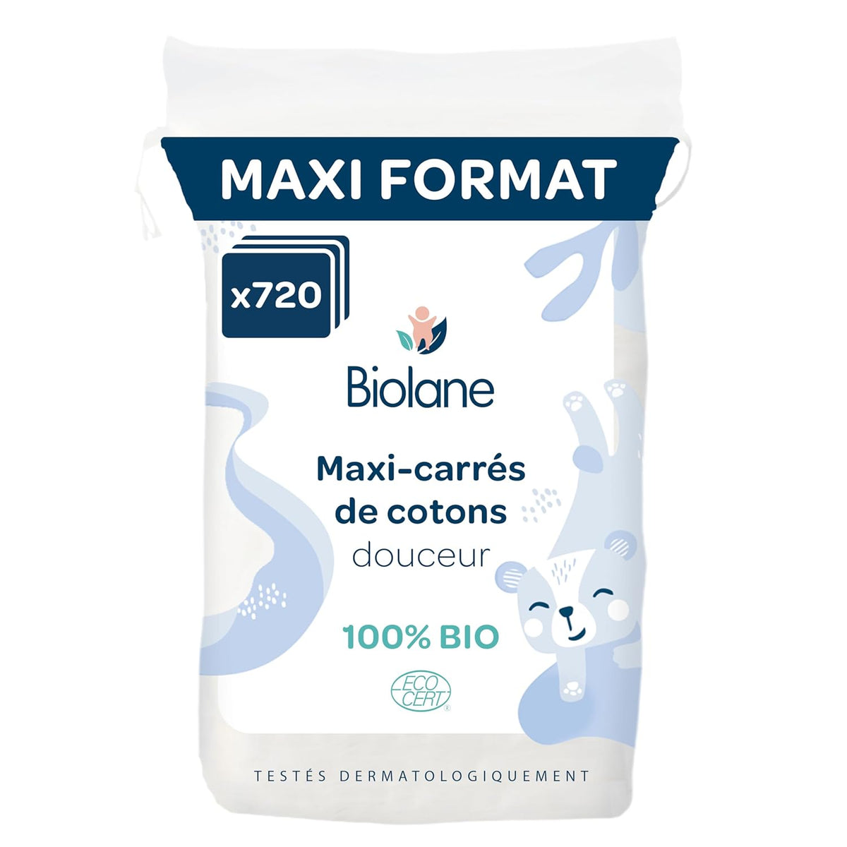 BIOLANE 12 Maxi Squares Wet Pads - Babyer - 100% Økologisk - 720 Bomuld - til følsom hud - Skift og toiletartikler - fra fødslen - lavet i Frankrig