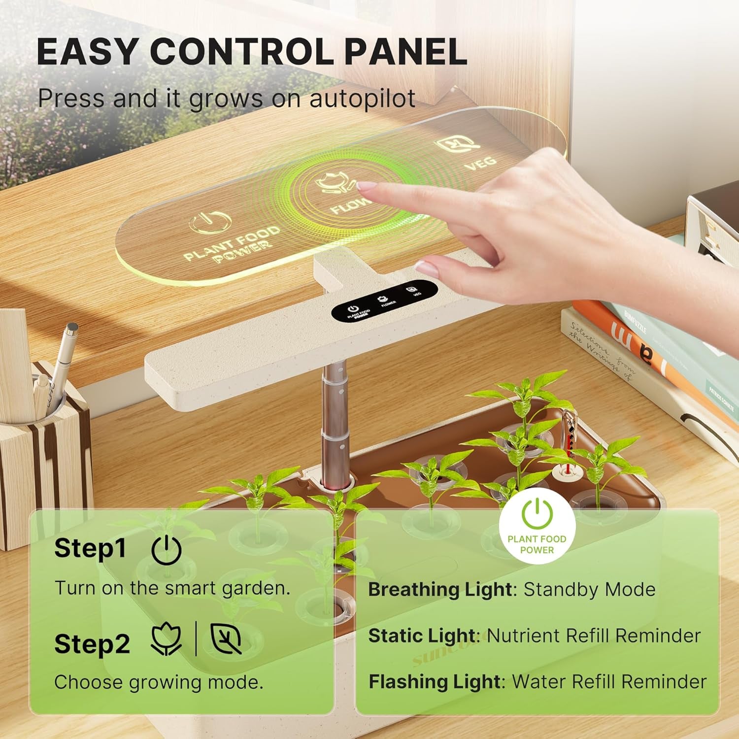 12 kapsler Hydroponic Grow System Kit, 24W LED indendørs havelampe, 4L vandtank med lydløs pumpe, højdejusterbar urteplanter, indendørs havearbejde, havegaver, beige