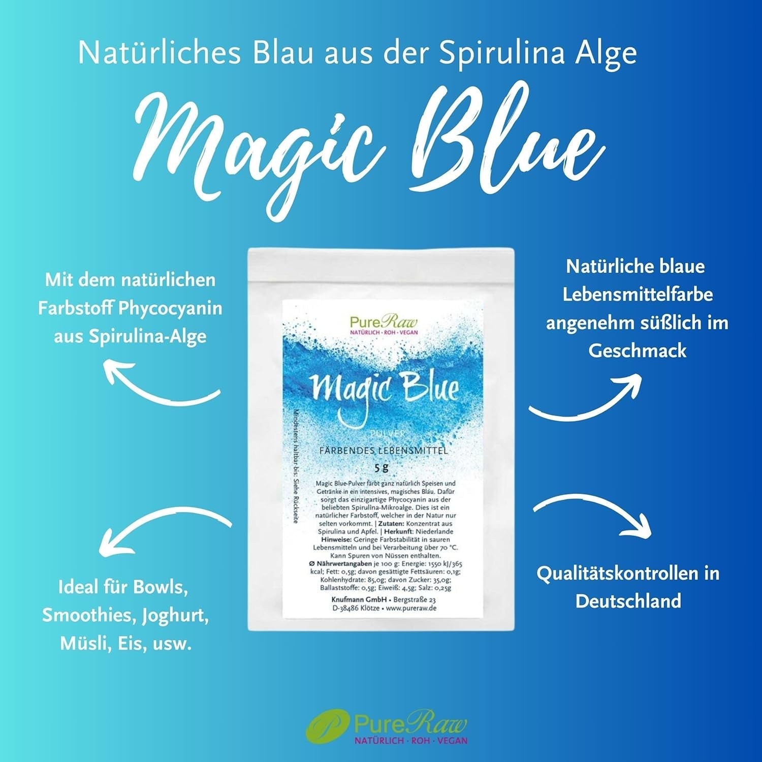 Colorant alimentar natural albastru pudră Magic Blue Spirulina (vegan crud) Albastru închis până la albastru deschis pastel - Colorant alimentar pudră cu alge ficocianină - Colorant alimentar natural | Pureraw 5G