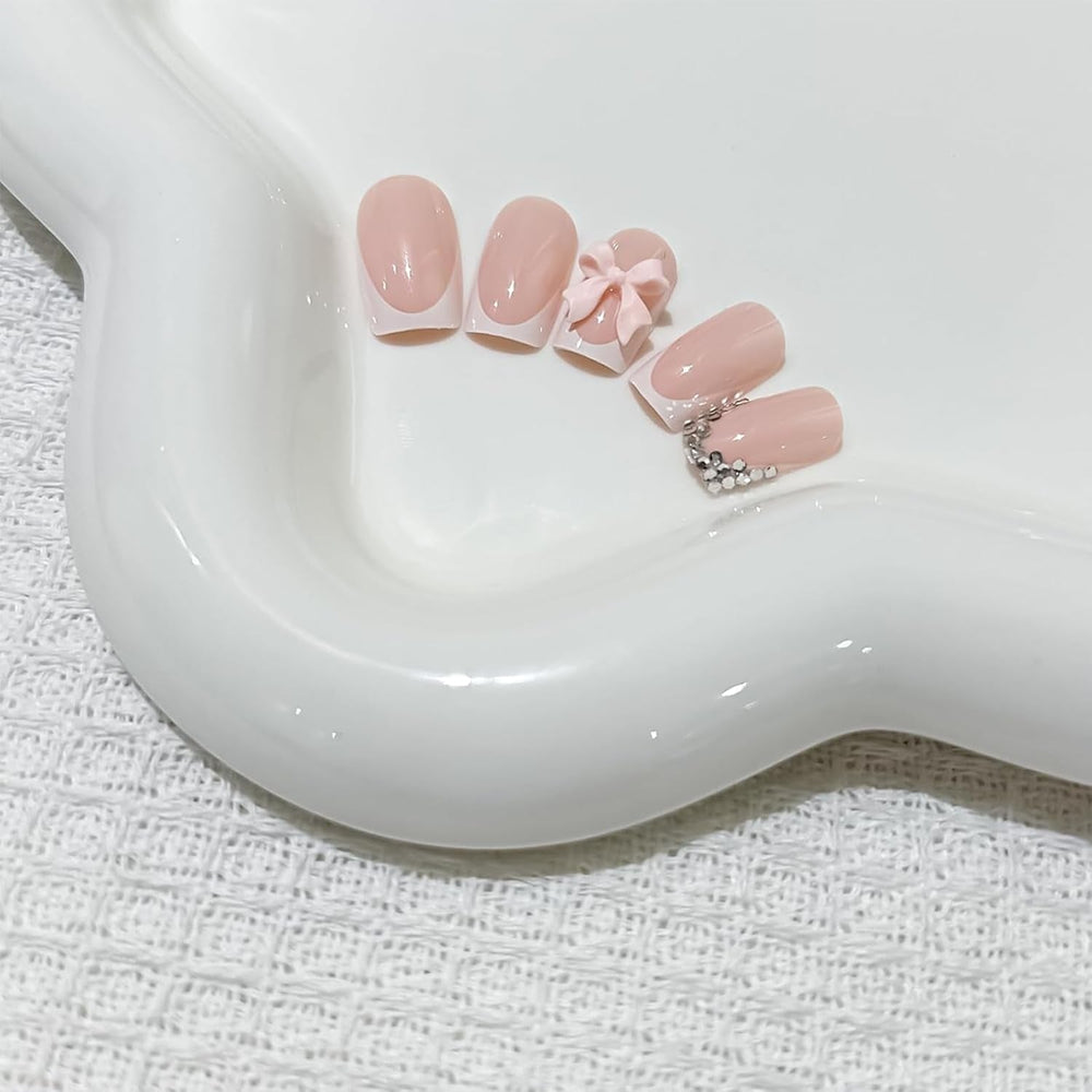 24 de tablete pentru manichiură franceză cu fundă roz și diamant, unghii pătrate, model cu strasuri, unghii artificiale roz nud, acoperire completă, manichiură cu lipici