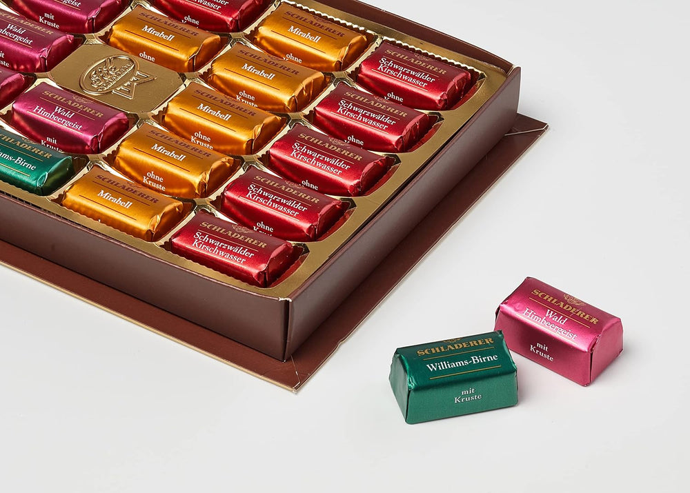 RCP Schladerer Pralines, fint sortiment, mælk og mørk chokolade, med og uden sukkerskorpe, flydende fyld, indeholder alkohol, fantastisk gave, 255g