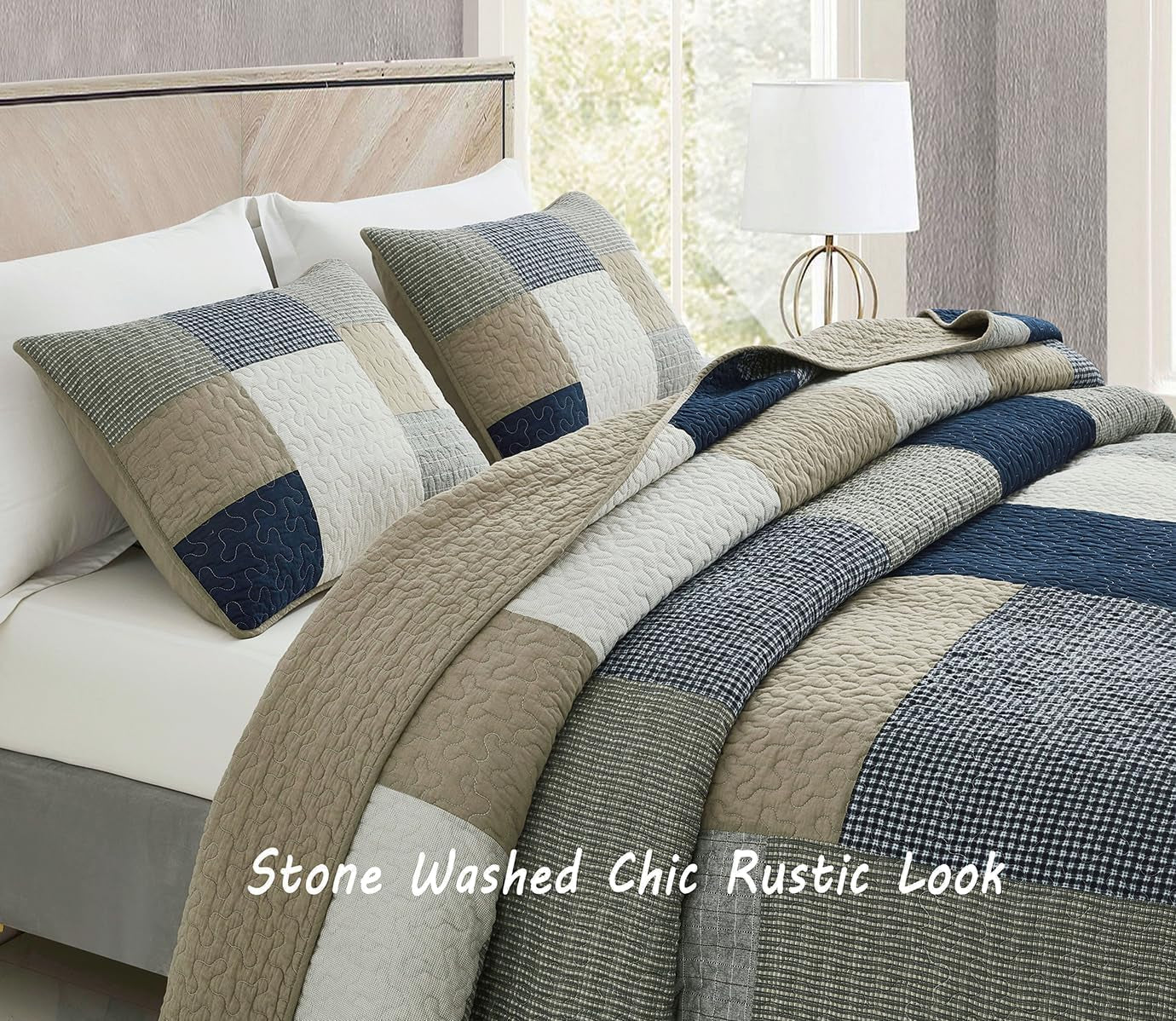 Chezmoi Collection Addy Patchwork Quilt Sæt Forvasket bomuld Letvægts Vendbar All Seasons Oversized 3 dele Navy White Grå Taupe Plaid Quilts & Quilts Naty Shop