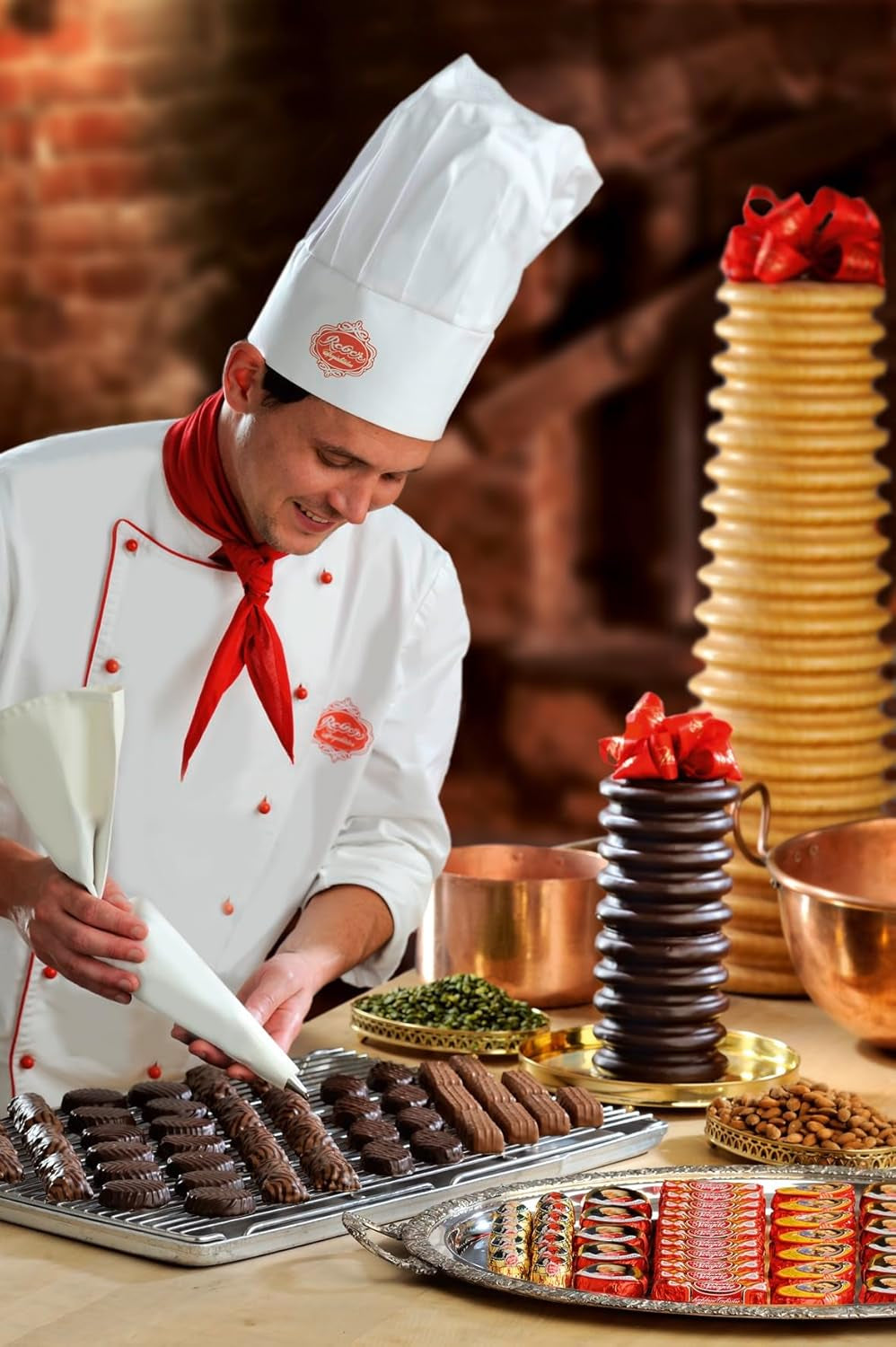 Reber Mozart kugler, præsentationsæske 4x45, mørke chokoladekugler fyldt med pistacie, marcipan, mandler og hasselnøddenougat, 3,6 kg (180 stk.)