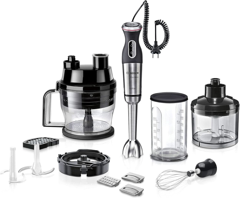 Bosch Stabmixer Ergomaster Serie 6 MSM6M810, Einhändig Bedienbar, 10 Jahre Motorgarantie, Edelstahl-Klingen, Verschleißfreie Keramik-Kupplung, Luftkühlung, Quattroblade, Mixbecher, 1200 W, Edelstahl Kitchen Naty Shop 7-In-1, 10000