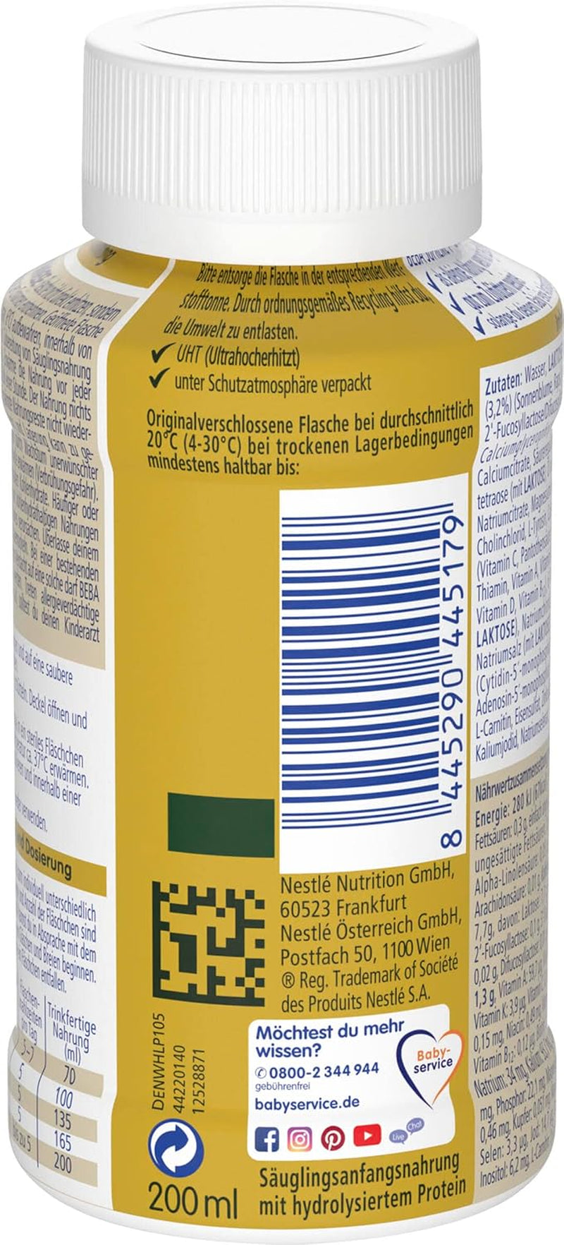BEBA Nestlé BEBA SUPREME 1 Spædbørnsmælk: drikkeklare flasker med Omega 3, pakke med 4 (1 x 200 ml)
