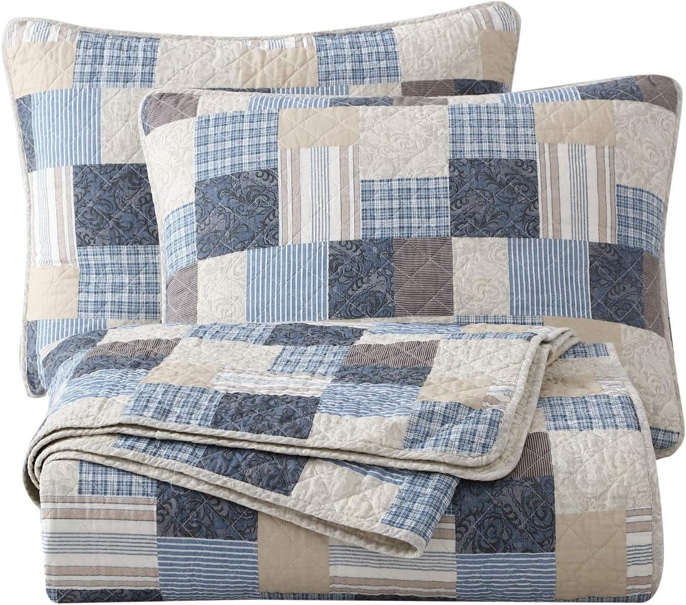 Chezmoi Collection Addy Patchwork Quilt Sæt Forvasket Bomuld Letvægts Vendbar All Seasons Oversized 3-delt Navy White Grå Taupe Plaid Quilts & Quilts Naty Shop Patchwork Queen Plaid