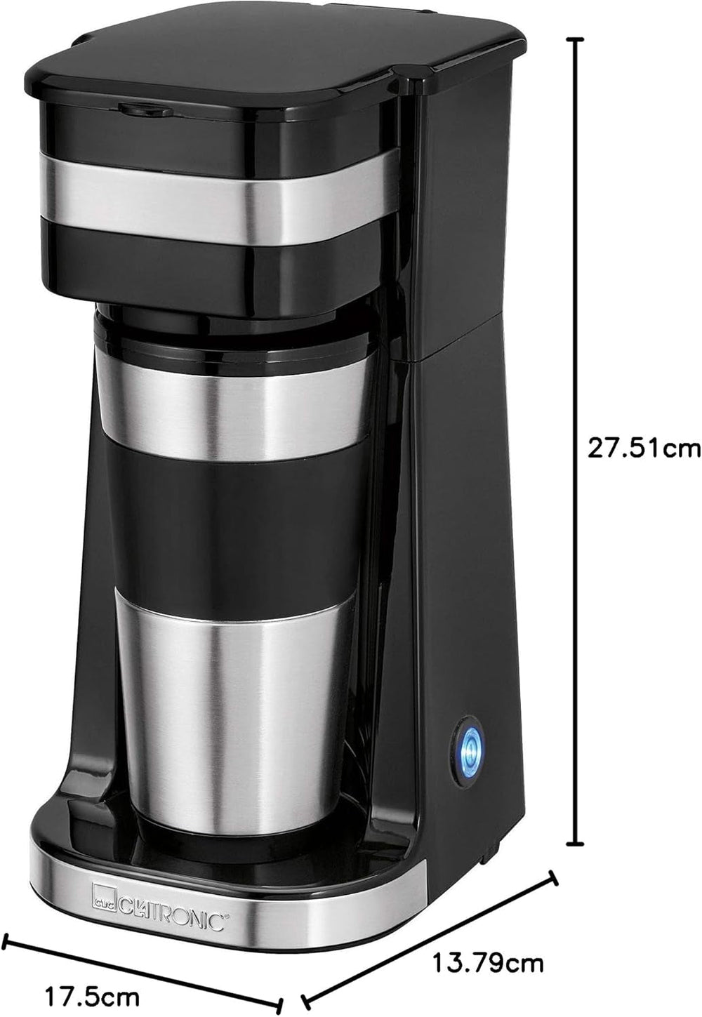 Espressor Clatronic | Cană de călătorie 400 ml | Compatibilă cu toate suporturile de pahare standard (de exemplu, pentru mașină) | Espressor cu filtru | Filtru permanent din nailon | Cană din oțel inoxidabil cu capac pentru aromă | KA 3733