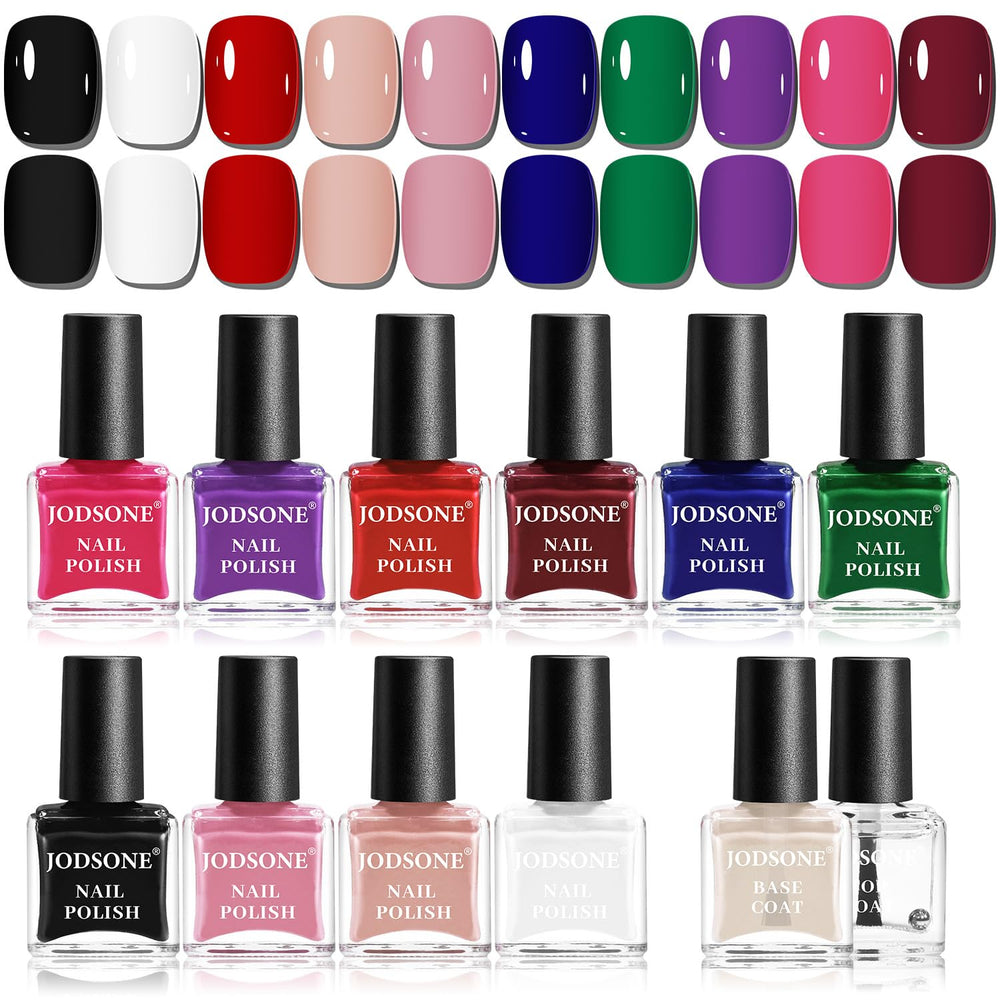 JODSONE 12 dele neglelak sæt 10 farver kombination 2 base coat og top coat hurtigtørrende neglelak til amatører og begyndere