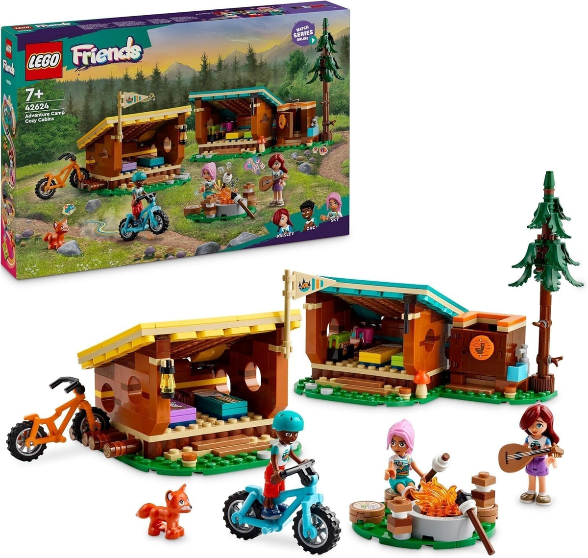 LEGO Friends hyggelige hytter på eventyrlejr, udendørs rollelegesæt, børnelegetøj til piger og drenge 7 år med 3 figurer og ræv, campinglegetøj 42624 Byggesæt Besuche den LEGO-Store Standardtitel