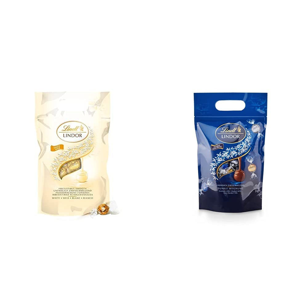 LINDOR hvide chokoladekugler, 1 kg og LINDOR | 1 kg genlukkelig pose | ca. 80 mælkechokoladekugler med myntefyld | Bulkpakke, pralinegave, chokoladegave