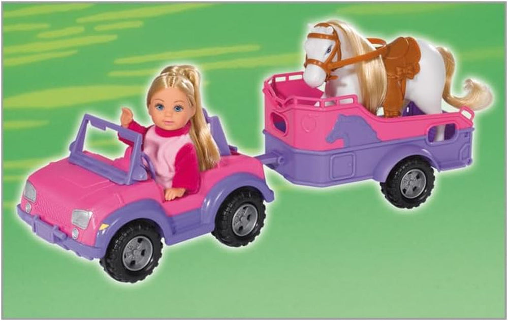 Simba 105737460 - Evi Love Evi Hestevogn med pink jeep, lilla heste- og ponyvedhæng, påklædningsdukke, 12 cm, til børn fra 3 år og opefter Dolls Naty Shop