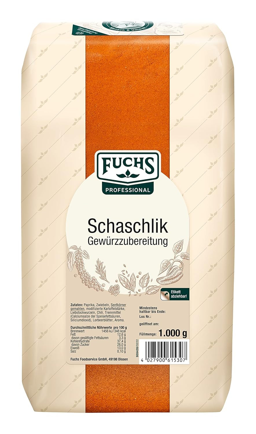 Fuchs Professional - Schaschlik Gewürzmischung | Zum Würzen/Marinieren af ​​gebratenem eller gegrillten Fleisch | Profi-Qualität für Großverbraucher | 1 kg im genbrugspose