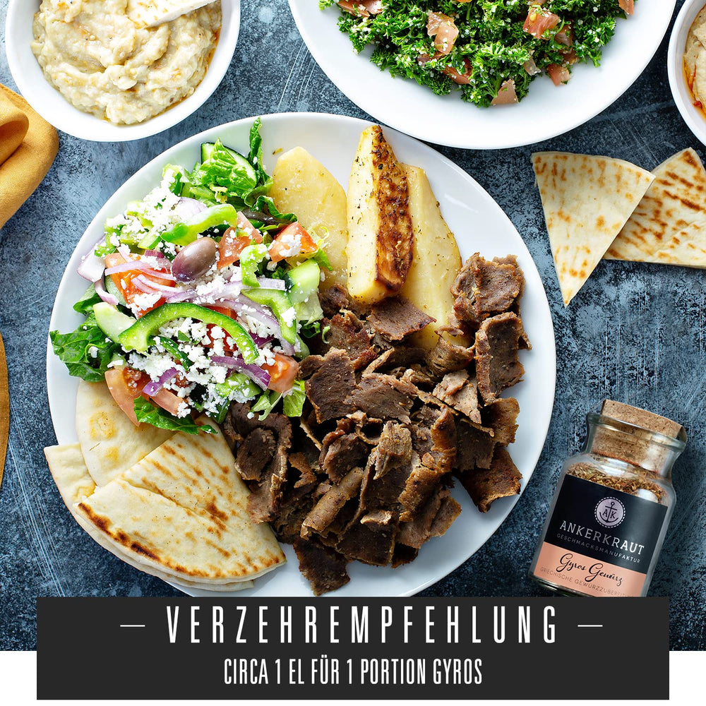 Ankerkraut Gyros, Gewürzmischung für Gyros, egal ob aus der Pfanne oder vom Grill, mit Zwiebel, Knoblauch, Merian, Spidskommen, Piment og mehr, 80 g im Korkenglas