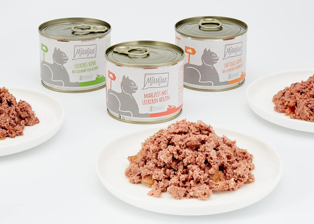 MjAMjAM - Hrană umedă premium pentru pisici - Pachet mixt I - Pui, Vită, Inimi, pachet de 6 (6 x 200 g), fără cereale cu carne suplimentară