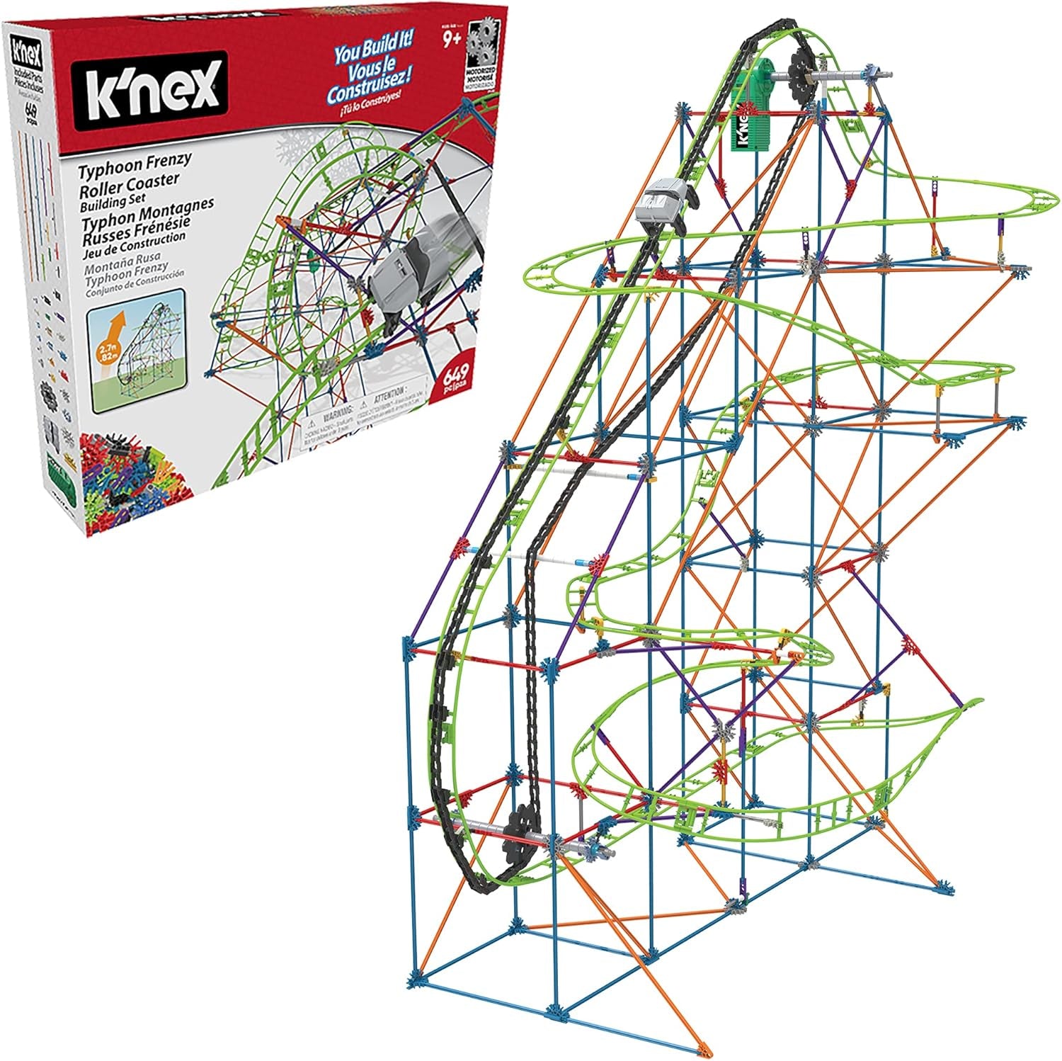 K'NEX 51438 Typhoon Frenzy rutsjebane, 2-i-1 model farverigt byggesæt til drenge og piger, 19 fods legetøj, 640 dele børnebyggesæt til børn i alderen 9 år +