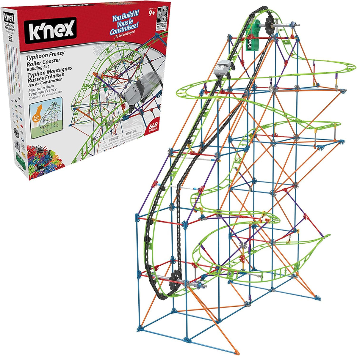 K'NEX 51438 Typhoon Frenzy rutsjebane, 2-i-1 model farverigt byggesæt til drenge og piger, 19 fods legetøj, 640 dele børnebyggesæt til børn i alderen 9 år +