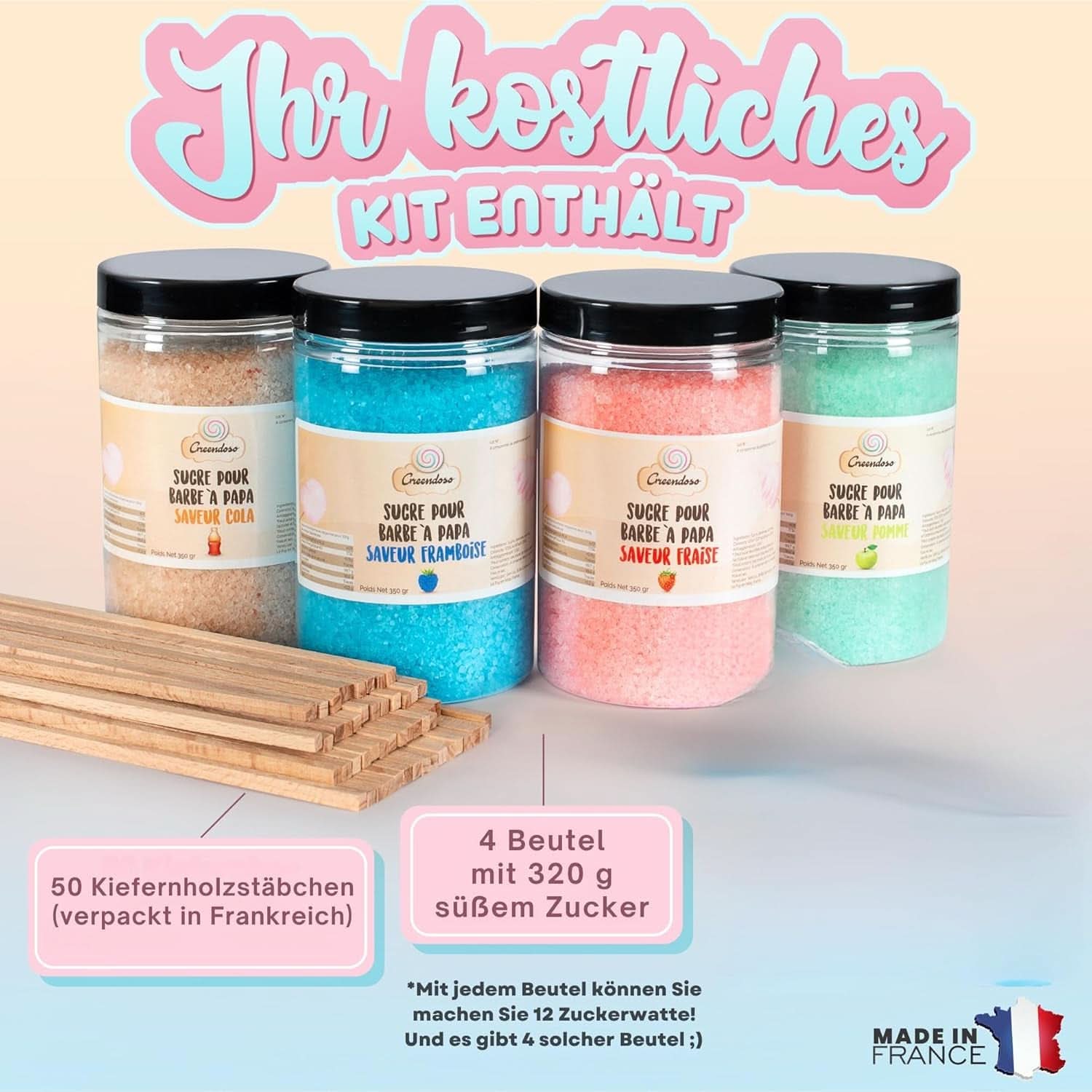 GREENDOSO® Zahăr de vată de zahăr pentru mașina de vată de zahăr (4 x 320 grame) - 4 arome (căpșuni/cola/ zmeură/ mere) + 50 sticks-uri - MADE in FRANCE Naty Shop