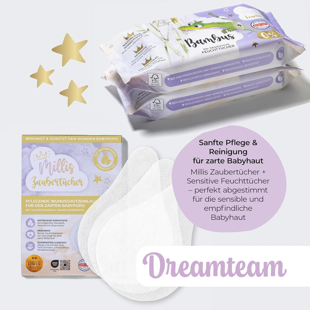 Millis Zaubertücher hos Windeldermatitis Baby, Bekannt aus "Die Höhle der Löwen", 25 Tücher (1 x 25er) mit Aloe Vera, Mandelöl & Q10 - Pflegt, Schützt & dient als Wundschutz bei gereizter Haut