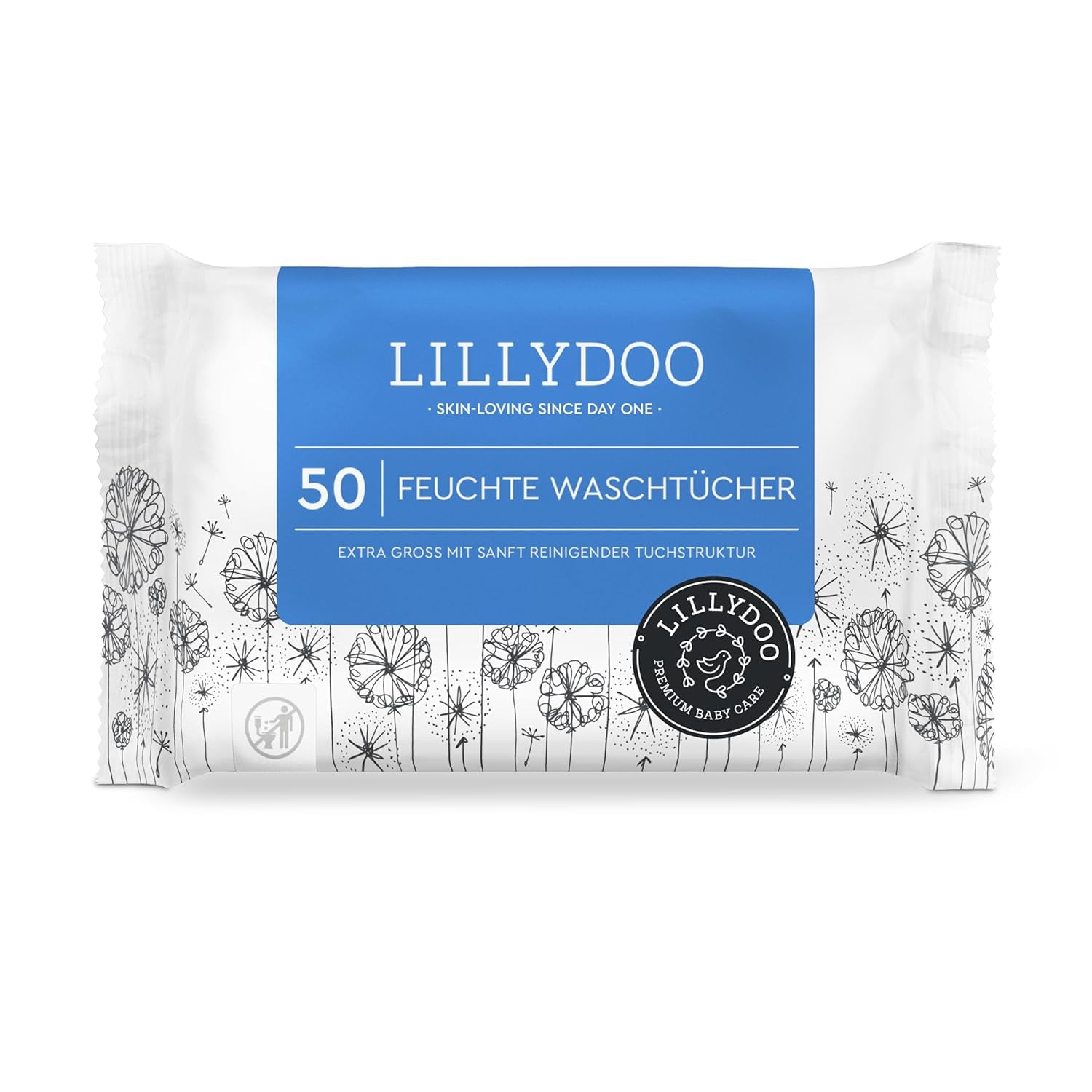 LILLYDOO vådservietter 50 count 100 % plastikfri ekstra stor klud uparfumeret