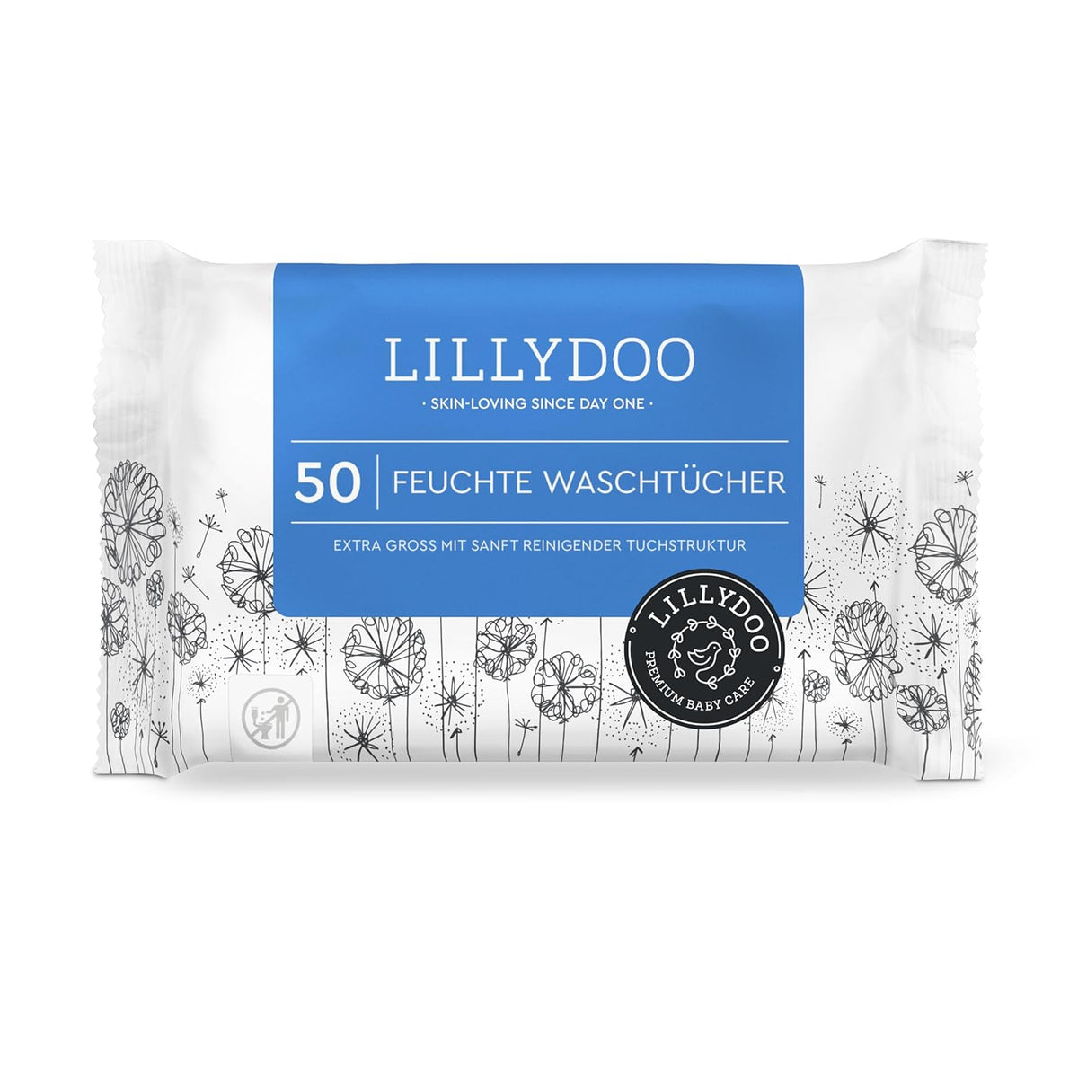 LILLYDOO vådservietter 50 count 100 % plastikfri ekstra stor klud uparfumeret
