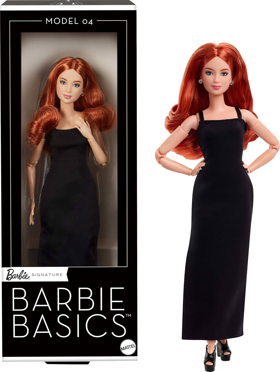Mattel Barbie Basics Model 4, păpușă de colecție cu bucle roșii, rochie mini neagră și cizme, modă universală, corp mic mobil și cap interschimbabil, JBH74 Papusi Naty Shop Titlu implicit