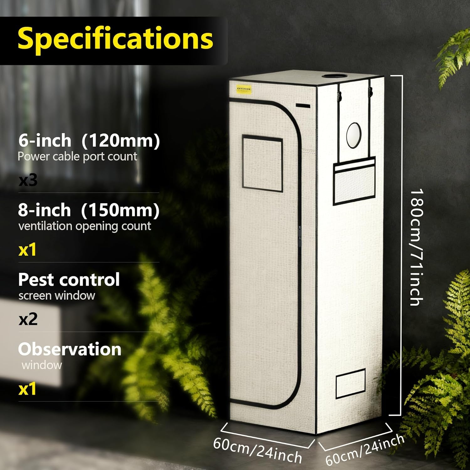 Grow Telt 60x60x180cm, Oxford 600D Materiale med Polyester Reflekterende Film, 22mm stålrør, ventilationsåbninger og udsigtsvinduer, Grow Telte til Hydroponics, drivhuse og indendørs haver