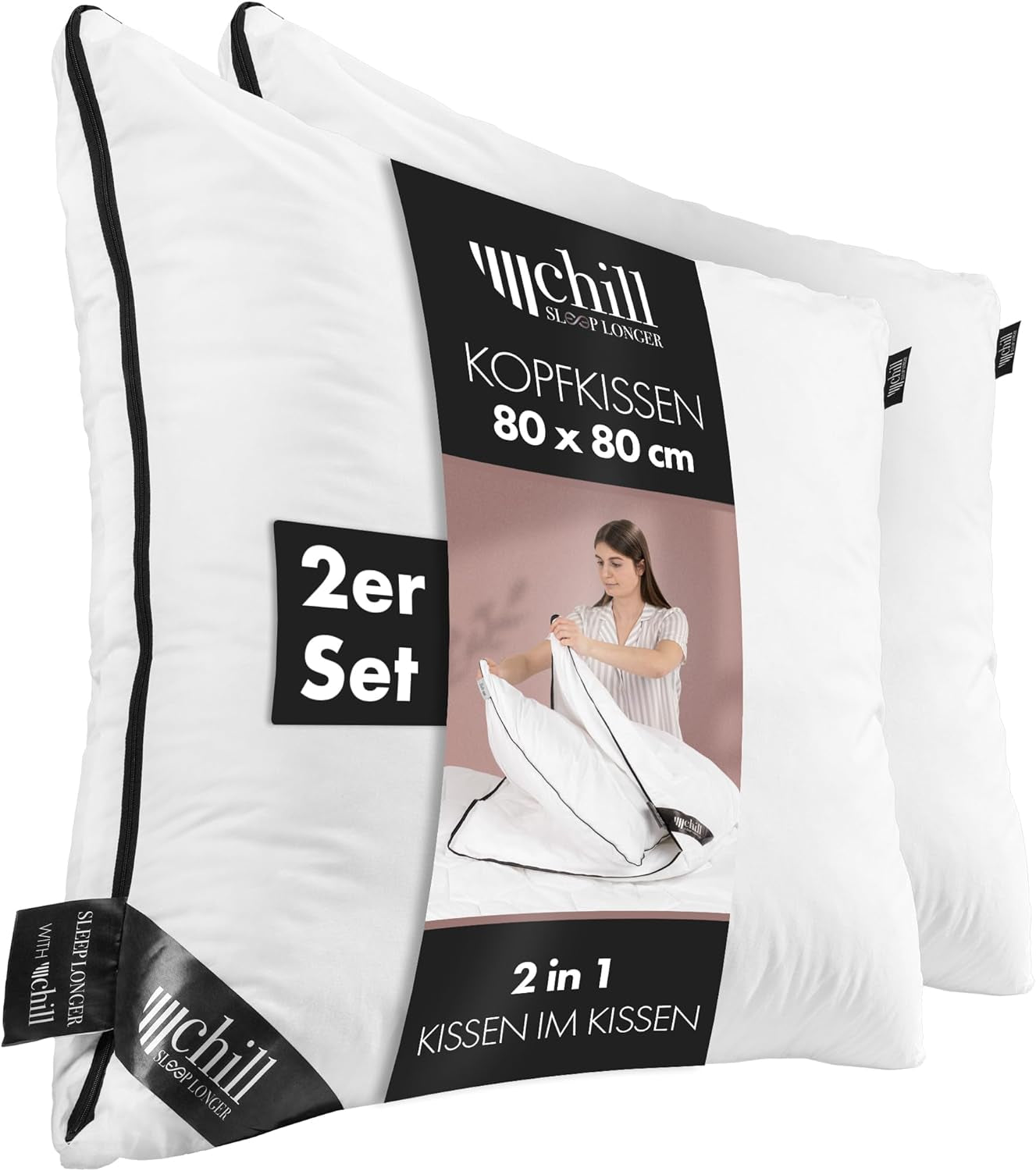 Pernă 80X80 Cm - design 2 în 1 - pernă în pernă - pernă de dormit mare respirabilă și lavabilă și 100% vegană - 2 perne 3 opțiuni - pernă cu umplutură 600G & 1200G Perne standard Naty Shop Pernă premium Set de 2 - 80 X 80 Cm