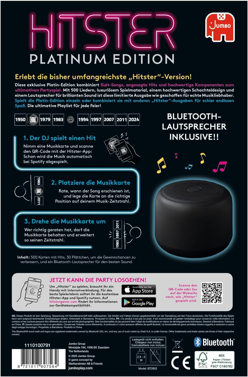 Hitster Platinum Edition – Festmusikspil med 500 sange fra pop, rock, hiphop, dans og mere, inklusive højttaler