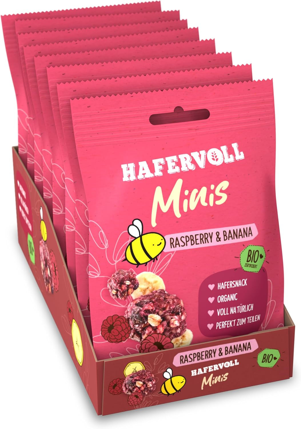 HAFERVOLL Minis Raps og Banan 8x 65g - Certificeret økologisk, med honning, uden tilsat sukker, perfekt til deling