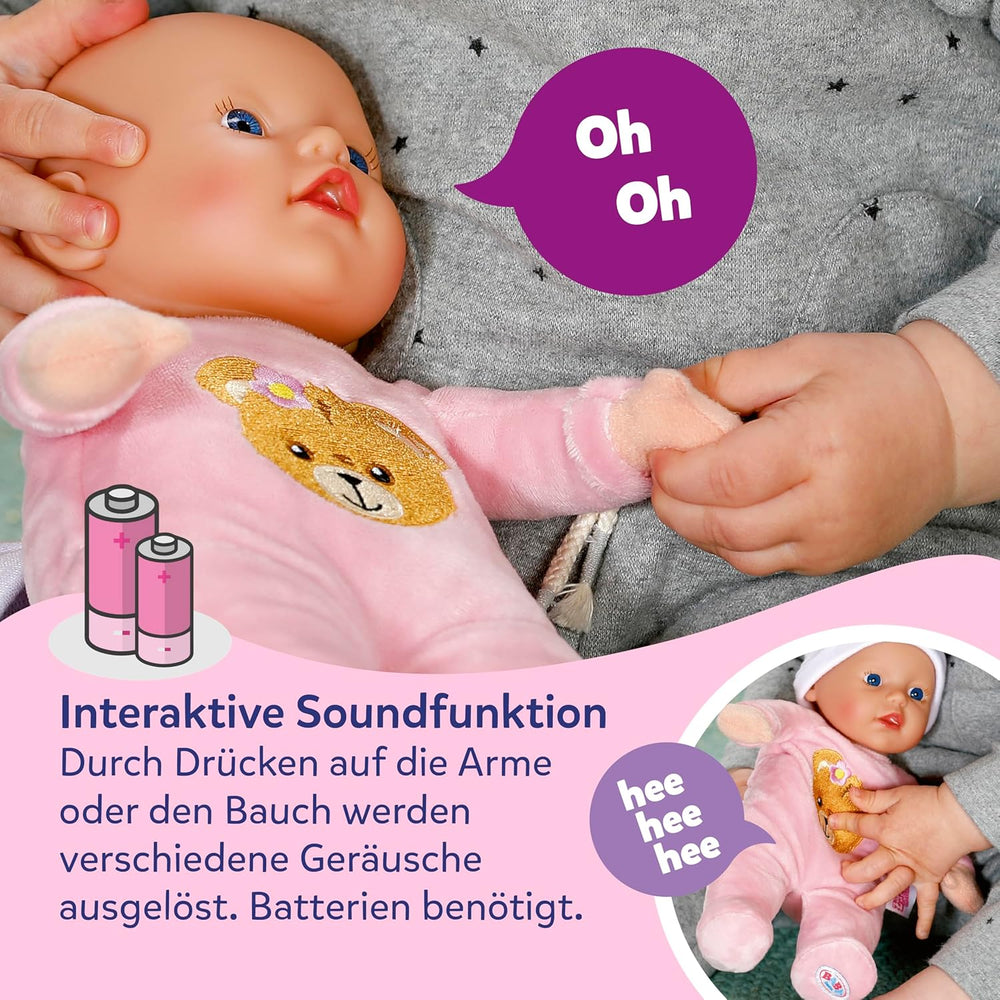 Păpușă moale Baby Born Rosie 30 cm cu 6 sunete și biberon, roz