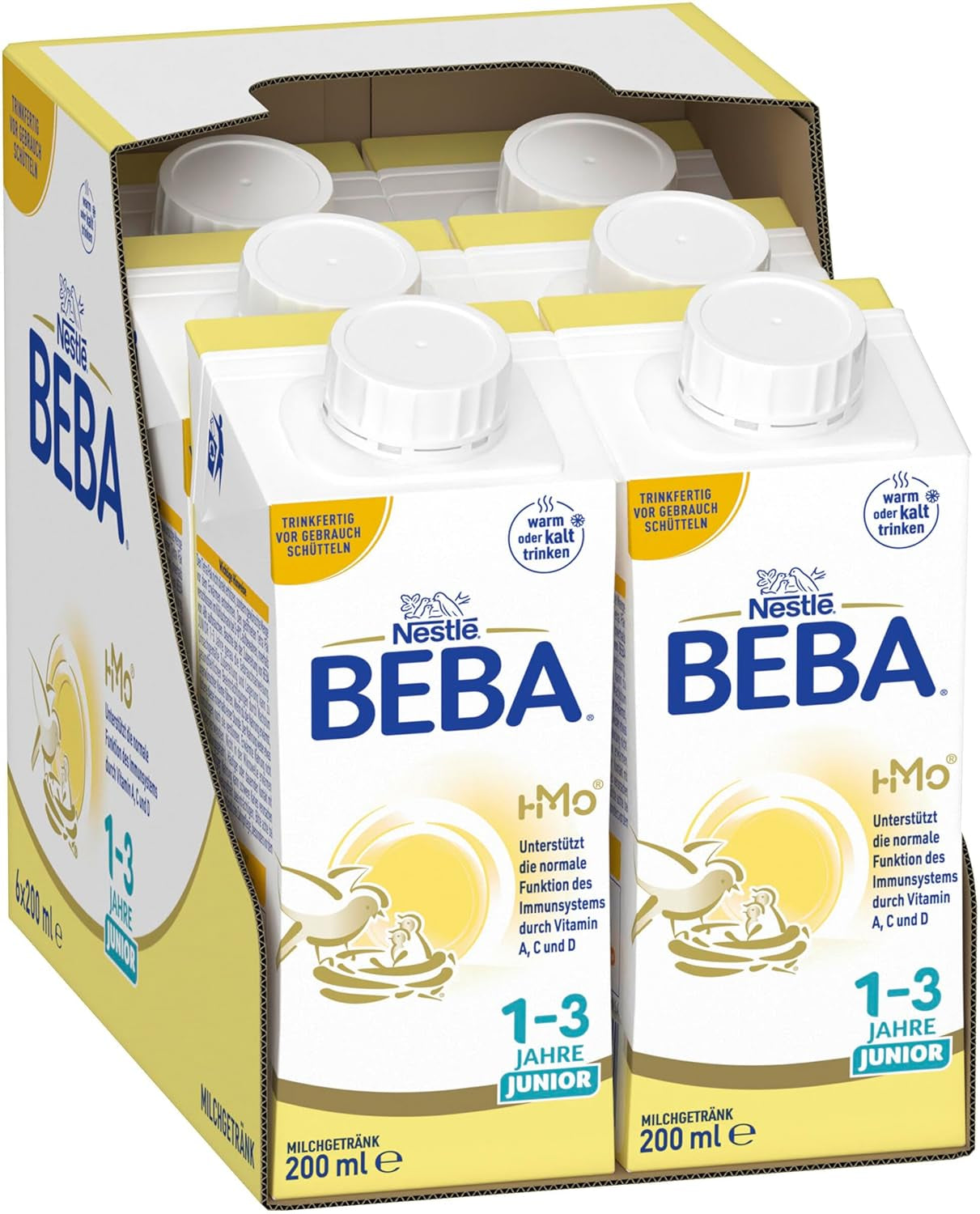 BEBA Junior drikkeklar mælkedrik 1-3 år, med HMO, aldersegnet proteinindhold, palmeoliefri, fiskeoliefri, småbørnsmad, pakke med 6 (6 x 200 ml)
