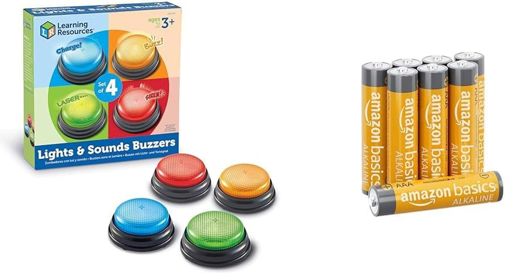 Learning Resources Light & Sound Buzzer jocuri educaționale de la 3 ani Jucărie de întrebări pentru copii cu 4 sunete diferite pentru serile de jocuri și sălile de clasă Jucarii Bebe Naty Shop + baterii Set de 4