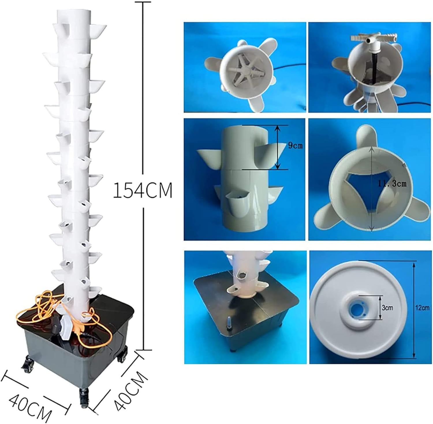 Hydroponic Tower, 15-trins 45-hullers voks Aquaponic System, Trådløst Have Aeroponic Grow Kit til urter, frugter og grøntsager med hydreringspumpe, adaptere, mesh potter