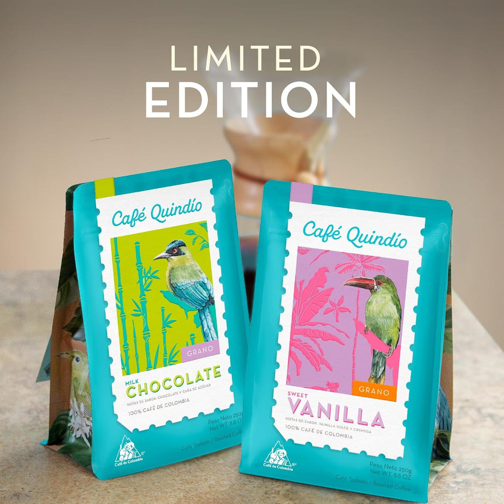 Cafe Quindio Specialty Coffee - boabe de cafea 100% Arabica, Columbia - cu note naturale de vanilie dulce (250g) - ideală pentru cafea filtrată, aparate portafilter sau presă franceză