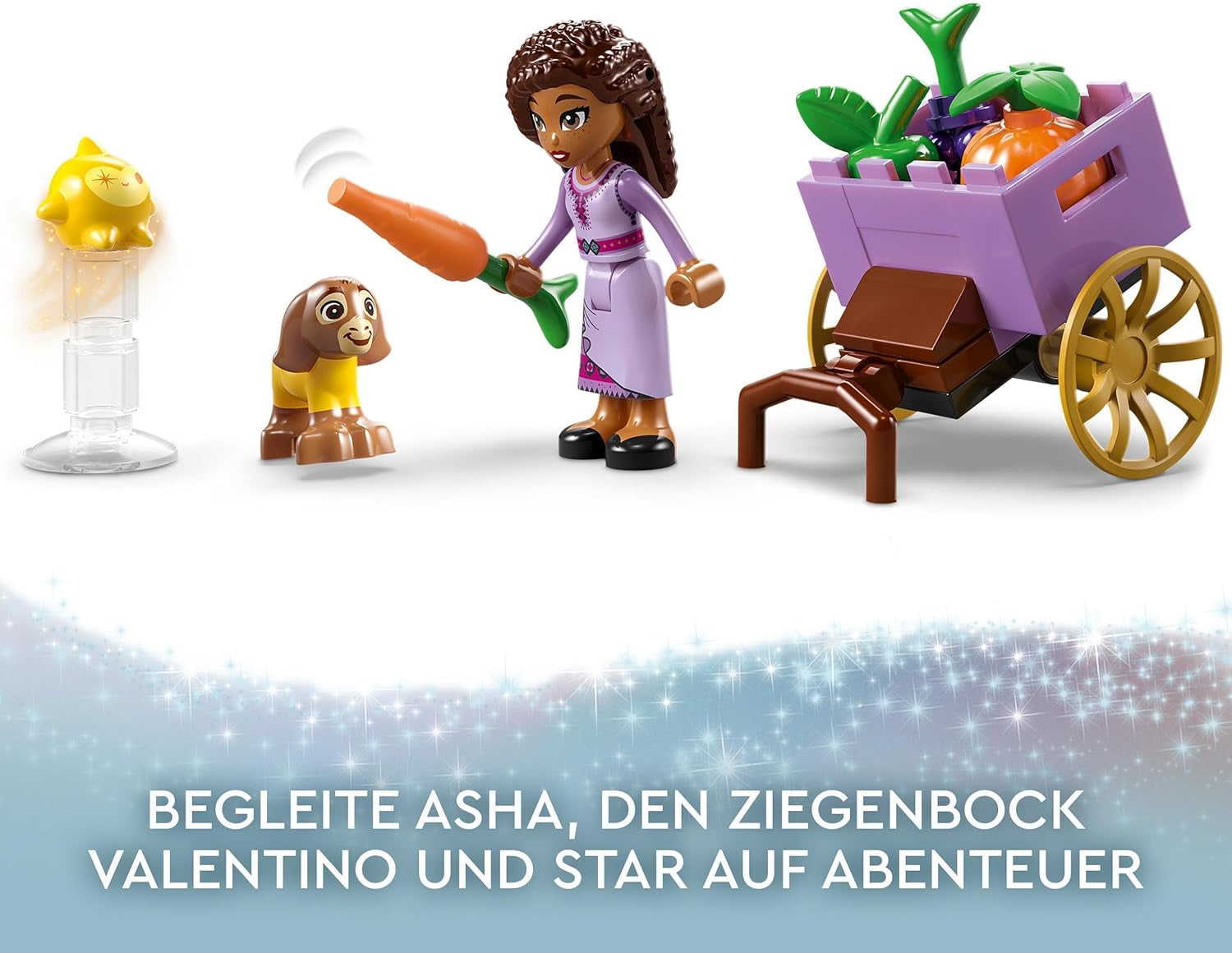 LEGO 43223 Disney-ønske Asha i Rosas City, Ønskefilmsæt med marked, Asha-minidukke, Valentino som legetøjsged og stjernefigurer, gave til børn 6 år, byggesæt til piger og drenge Besuche den LEGO-Store
