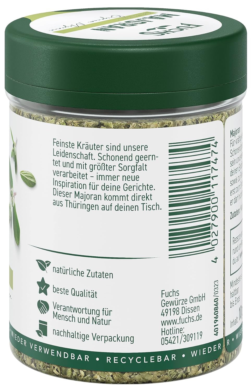 Fuchs Gewürze - Merian gerebelt - zum Würzen von Kartoffelgerichten, Fleischgerichten eller Eintöpfen - naturlige ingredienser - 10 g i wiederverwendbarer, genbrugsbarer Dosis