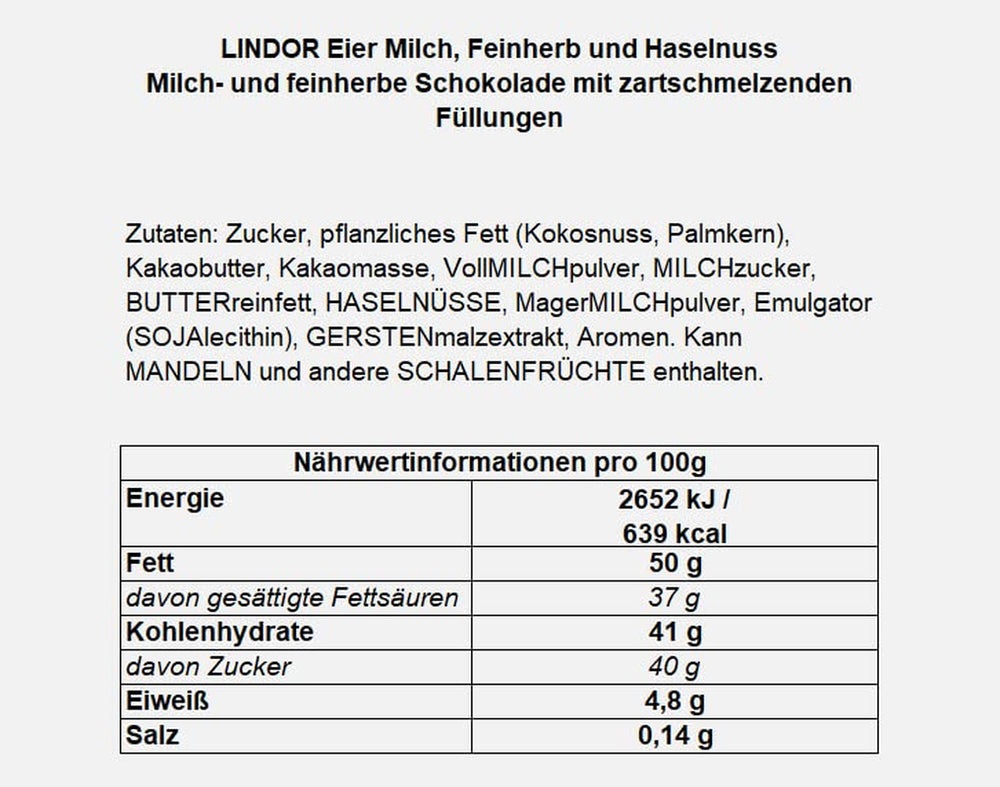 LINDOR æg med Lindt chokolade | 4 æsker á 450 g hver | LINDOR-æg med mælkechokolade, hvid, mørk og hasselnød, smeltet i munden | Påskechokolade | Gave af chokolade | påskeæg | Chokoladeæg