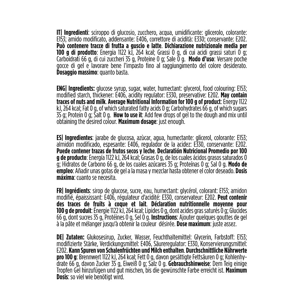 9600820 Colorant alimentar în gel, Colorant alimentar în gel ideal pentru acoperiri și decorațiuni, Creează culori intense și strălucitoare, Fabricat în Italia, 28 de grame, Culoare neagră.