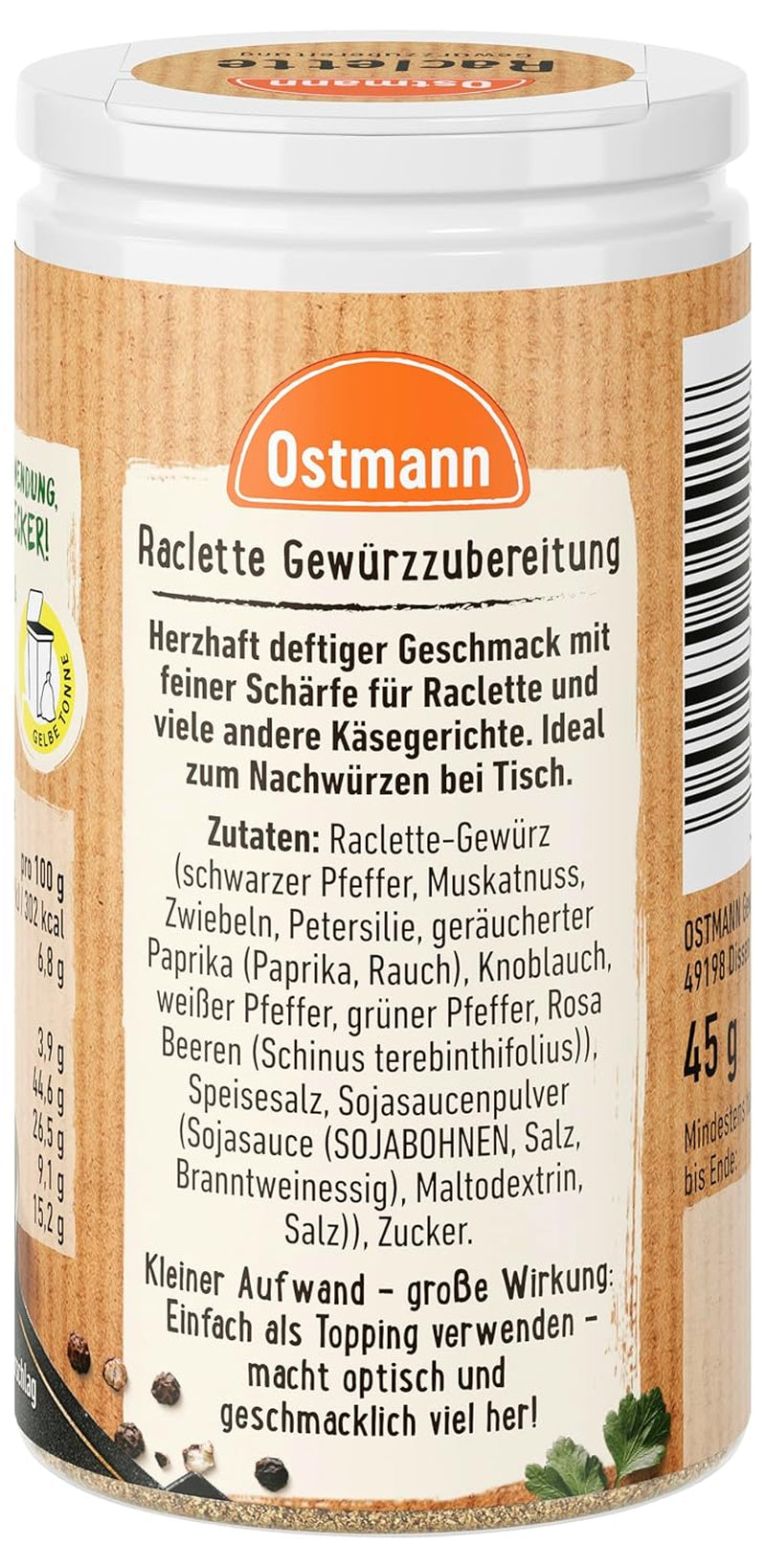 Ostmann Gewürze - Raclette Gewürzzubereitung | Zum Würzen von Käsegerichten | Recyclebare, nachfüllbare Streudose | 45 g i Streuer