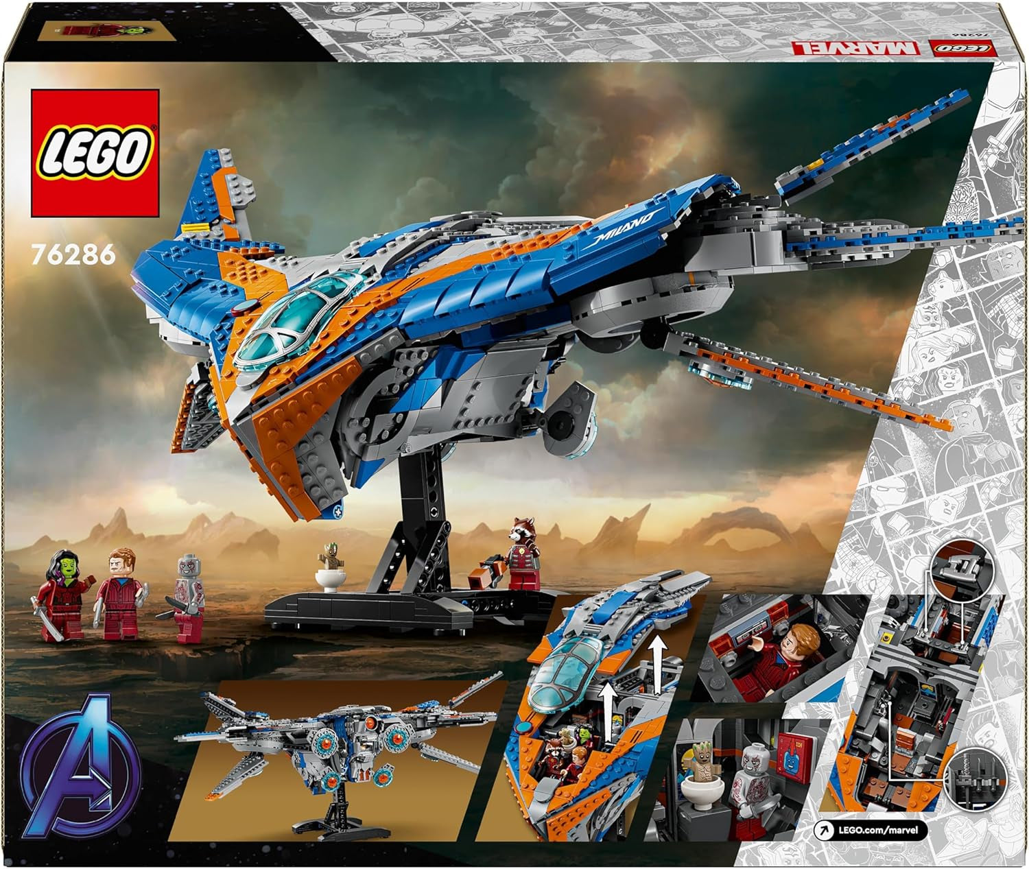 LEGO Marvel Guardians of the Galaxy: The Milano Building Spaceship Model with 4 Superhero Minifigures Avengers Flyer for Space Adventures Gave til drenge og piger 76286 Byggesæt Beuche den LEGO-Store