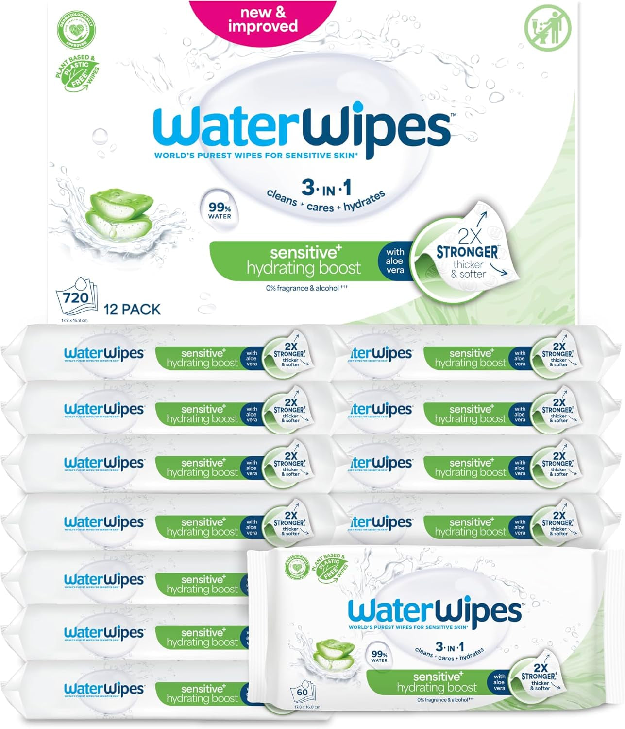 WaterWipes Sensitive+ Hydrating Boost vådservietter, hydrerende servietter, 360 stykker (6 pakke), 3 i 1 rene, pleje, hydrere, 99 % aloe vera vand, uparfumerede babyservietter